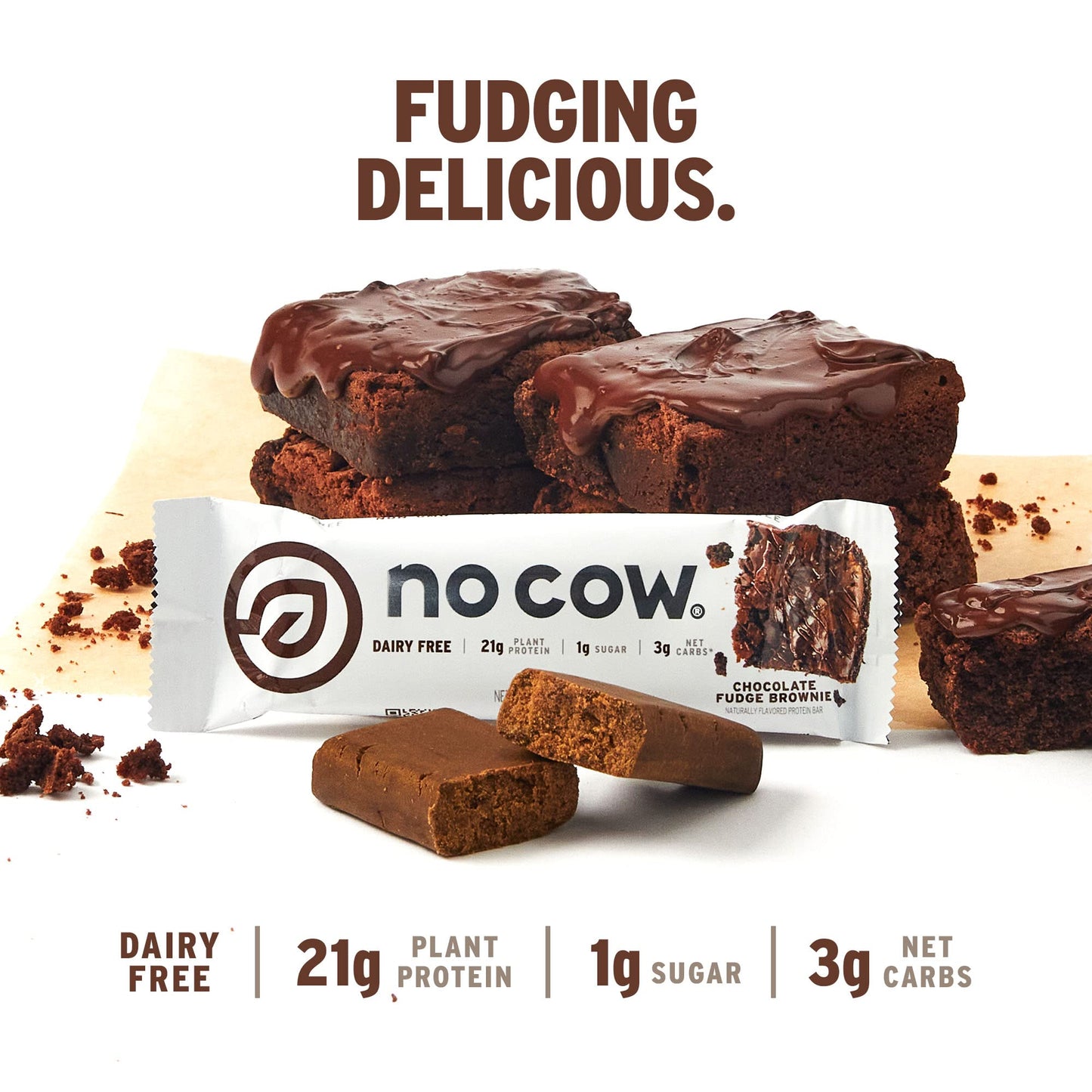 No Cow High Protein Bars, Chocolate Fudge Brownie - Healthy Snacks, 20g Vegan Protein, High Fiber, Low Sugar, Keto Friendly, Dai