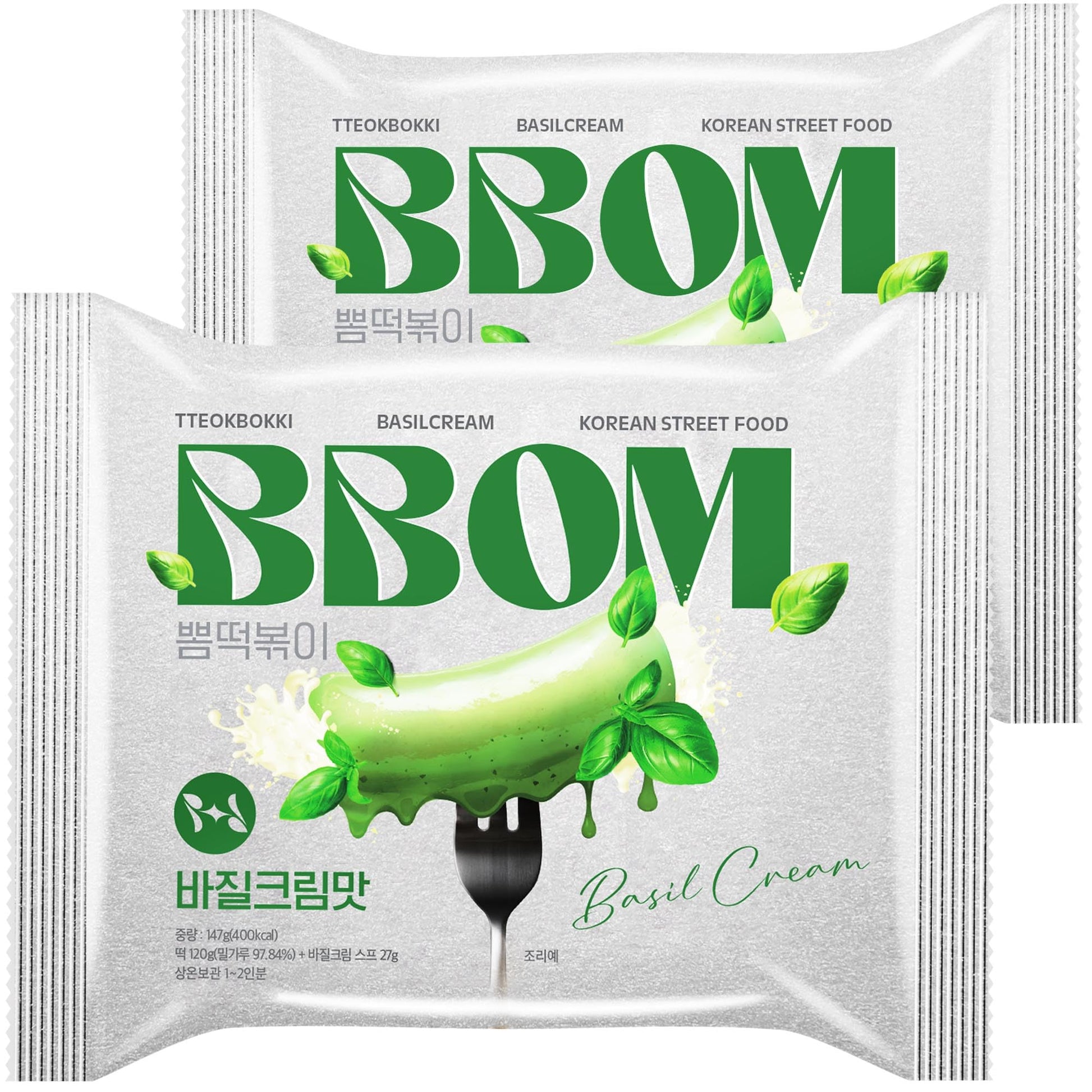 BBOM Instant Korean Tteokbokki Pouch - Basil Cream Flavor Korean Rice Cakes - Easy to Prepare Street Food - Includes Tray, Rice 