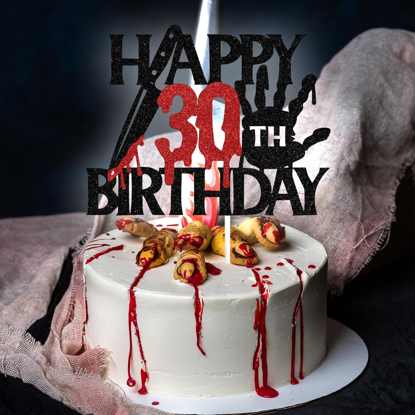 Black Glitter Killer Happy 30Th Birthday Cake Topper, Halloween Zombie Vampire Bloody Friday Birthday D  Cor, Halloween Horror T