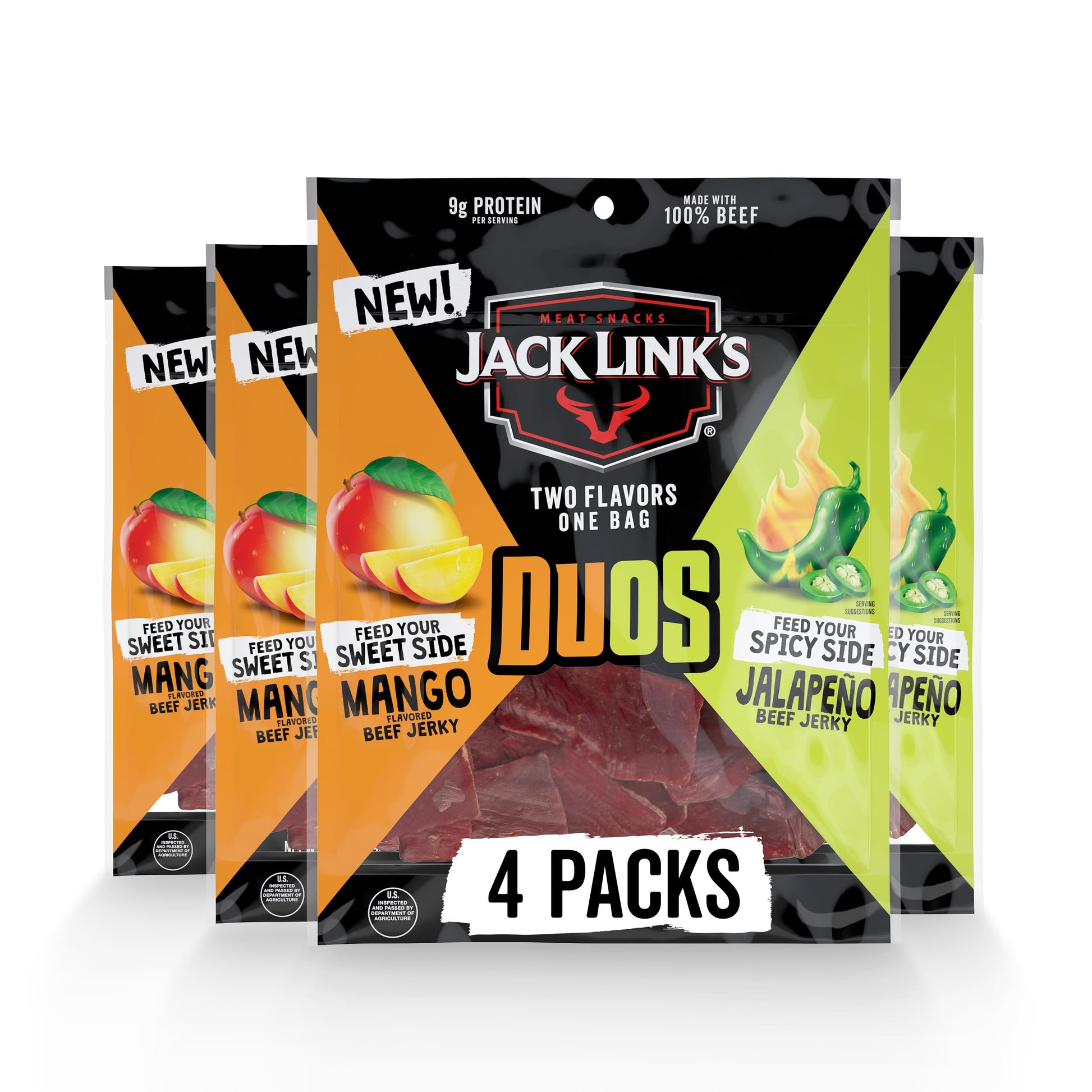 Jack Link s DUOs Jalapeo and Mango Beef Jerky  Shareable Under 100 Calories Snack Packs with 9g of Protein  Bulk Pack of Individual Bags of Meat Snacks - 3.25oz (4 Count)