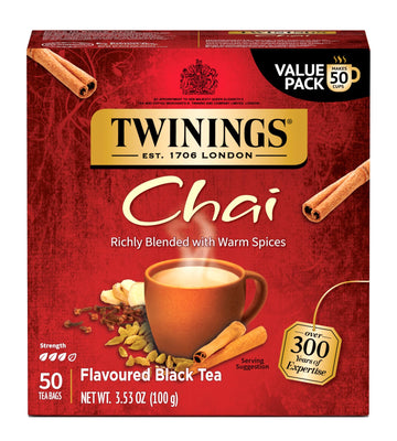 Twinings New Chai Black Tea Individually Wrapped Bags, 50 Count (Pack Of 6), Sweet, Savoury Spices, Caffeinated, Enjoy Hot Or Ic
