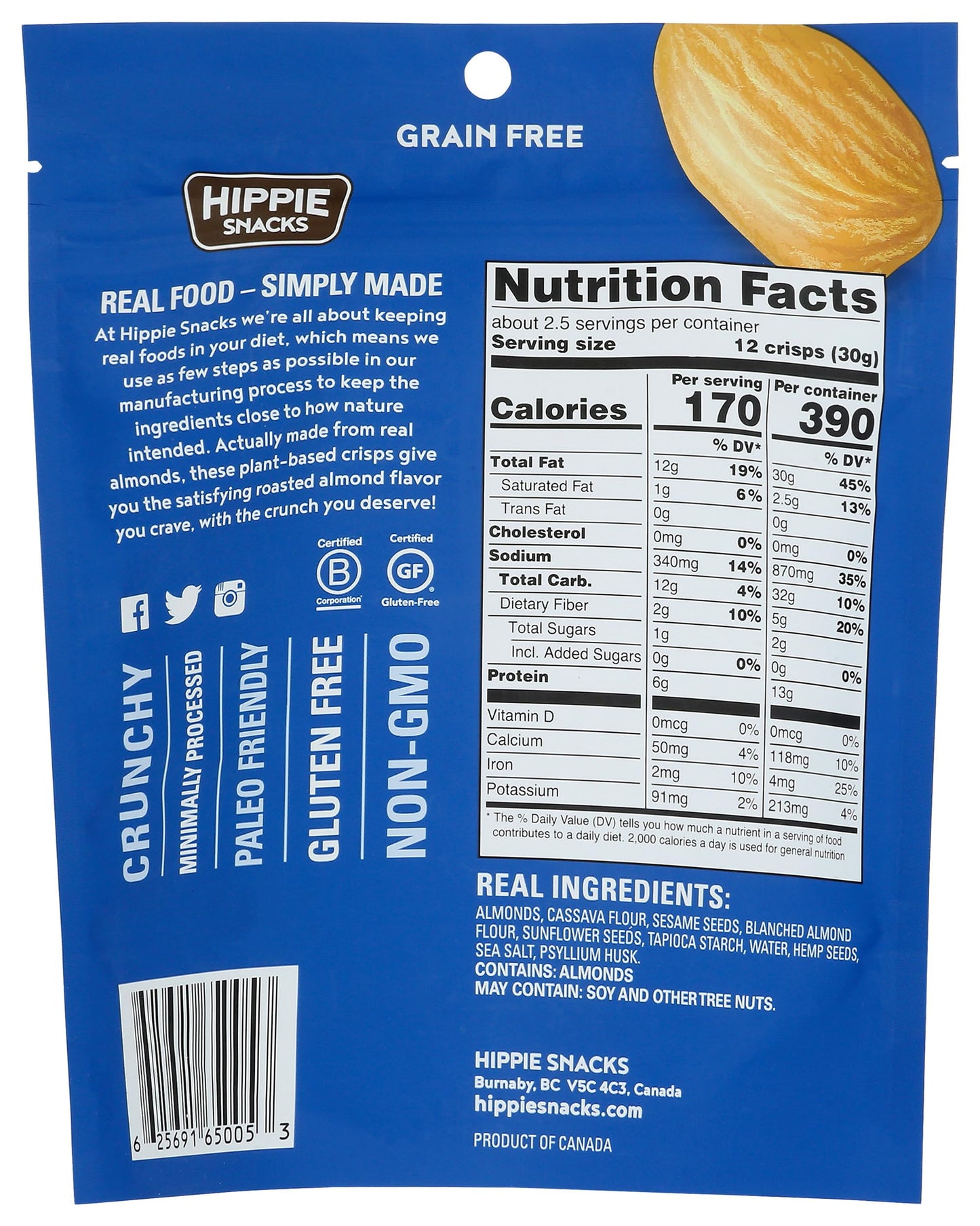 Hippie Snacks Sea Salt Almond Crisps 2.5 Oz