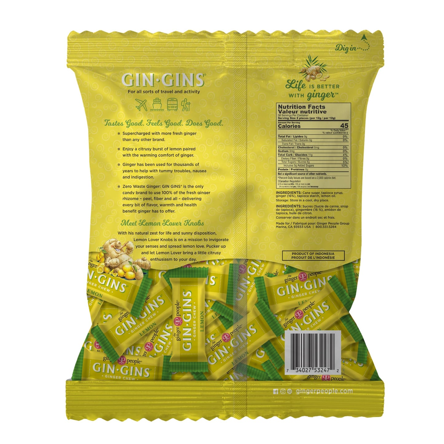 The Ginger People GIN GINS Lemon Ginger Chews - Natural Candy, 1 lb Bag, Individually Wrapped, Lemon Flavor