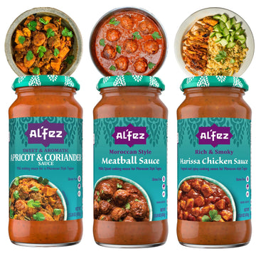 AlFez Tagine Sauce Variety Pack - 15.8oz Jars (Pack of 3 Total: 1 of Each) - Apricot & Coriander, Moroccan Meatball & Harissa Ch