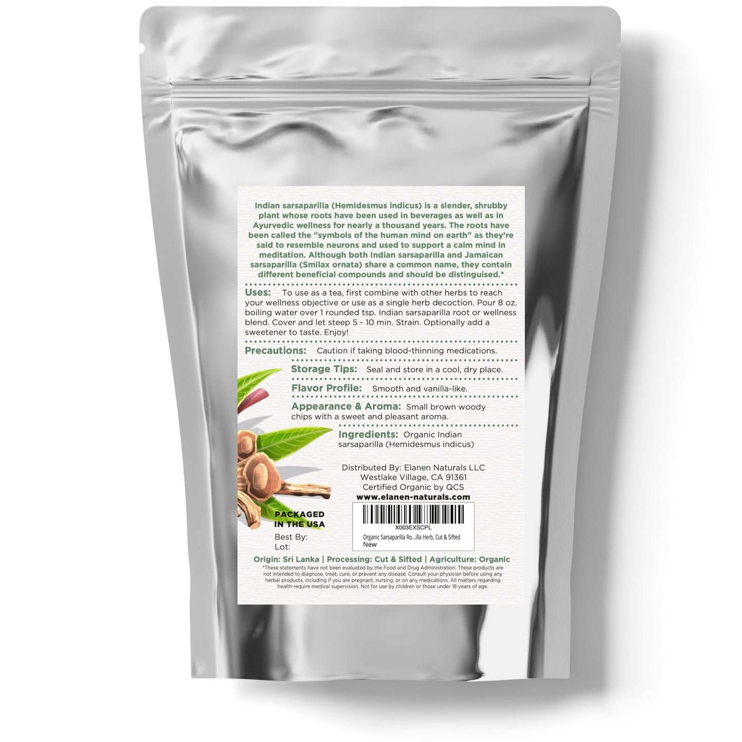 Elanen Naturals Organic Sarsaparilla Root Tea, Cut & Sifted, USDA Certified Organic, 4 oz. (113g)