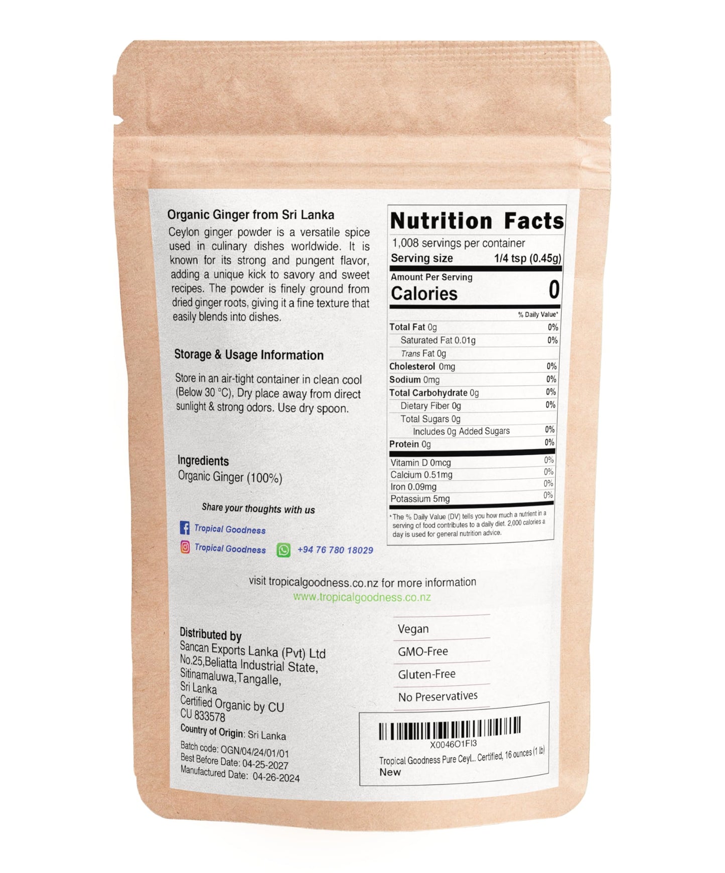 Tropical Goodness Ground Ginger Powder Organic 16Oz (1Lb), Usda & Kosher Certified, Authentic Tropical Flavour, Non-Gmo, Gluten-