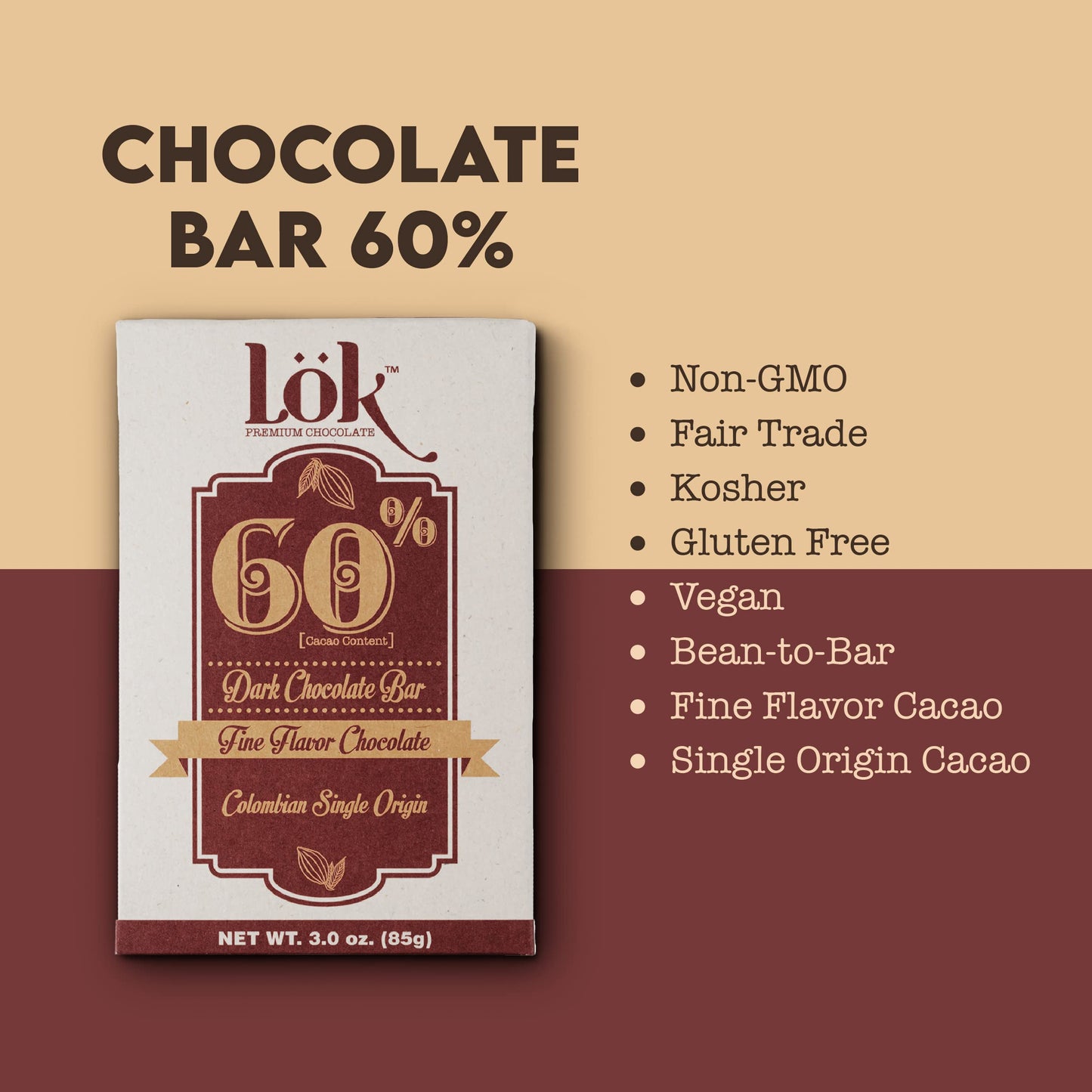 LöK Dark Chocolate Bar 60% Cacao | Fair Trade, Non-GMO, Vegan | 3 Ounce 3 Pack