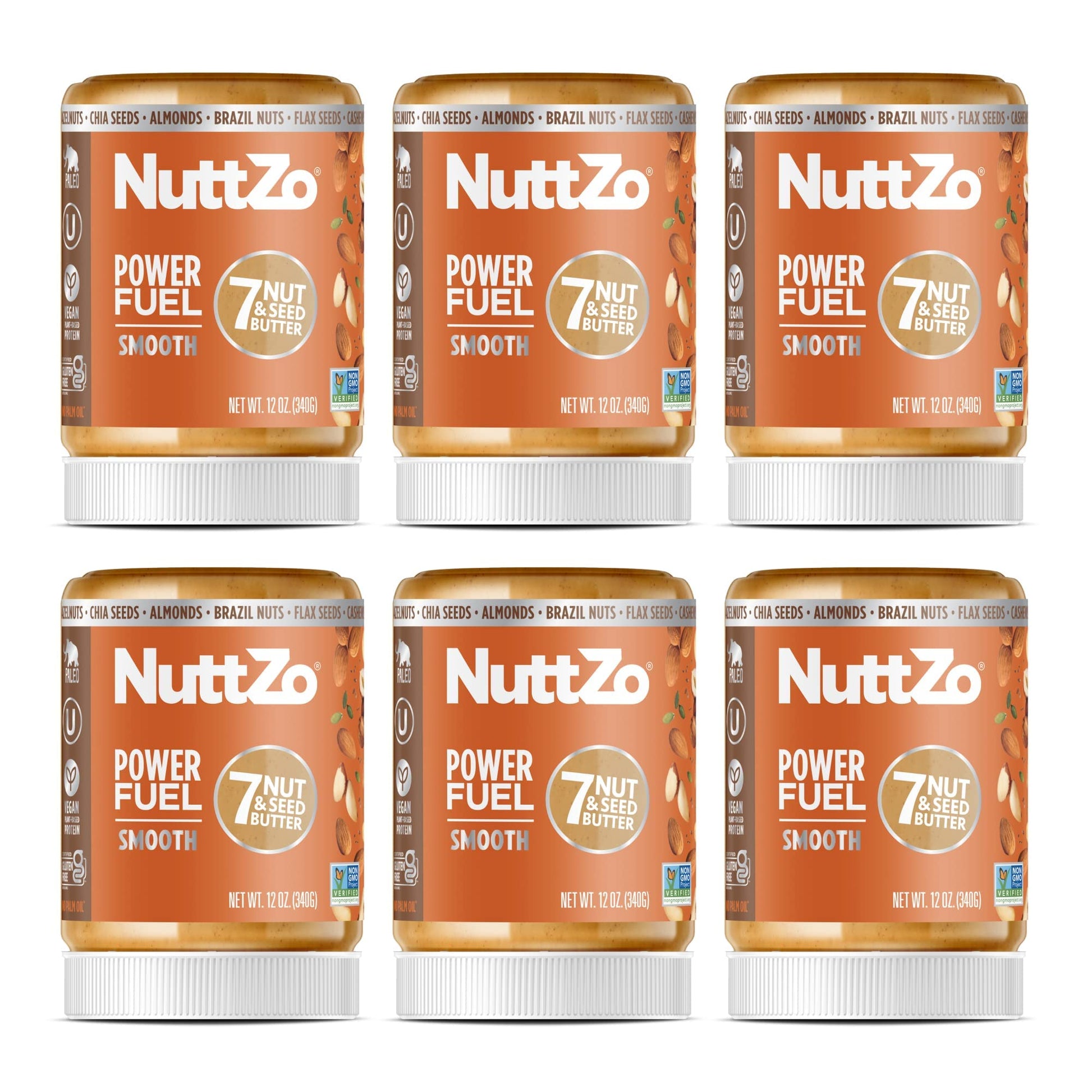 Natural Power Fuel Smooth Nut Butter By Nuttzo | 7 Nuts & Seeds Blend, Paleo, Non-Gmo, Gluten-Free, Vegan, Kosher | Peanut-Free, 1G Sugar, 6G Protein | 12Oz Jar (Pack Of 6)