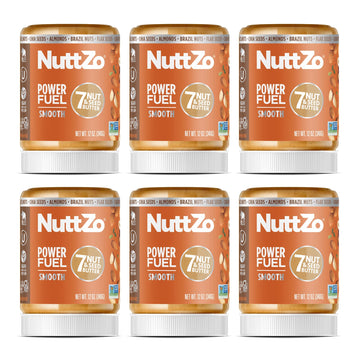 Natural Power Fuel Smooth Nut Butter By Nuttzo | 7 Nuts & Seeds Blend, Paleo, Non-Gmo, Gluten-Free, Vegan, Kosher | Peanut-Free, 1G Sugar, 6G Protein | 12Oz Jar (Pack Of 6)