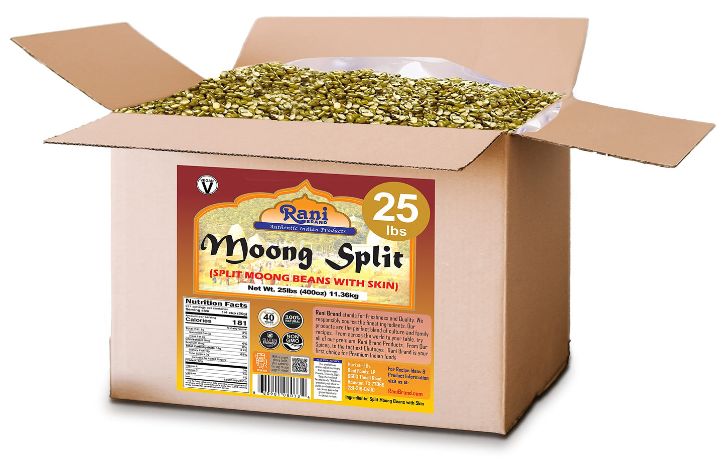 Rani Moong Split (Split Mung Beans With Skin) Lentils Indian 400Oz (25Lbs) 11.36Kg Bulk Box ~ All Natural | Gluten Friendly | Non-Gmo | Vegan | Indian Origin