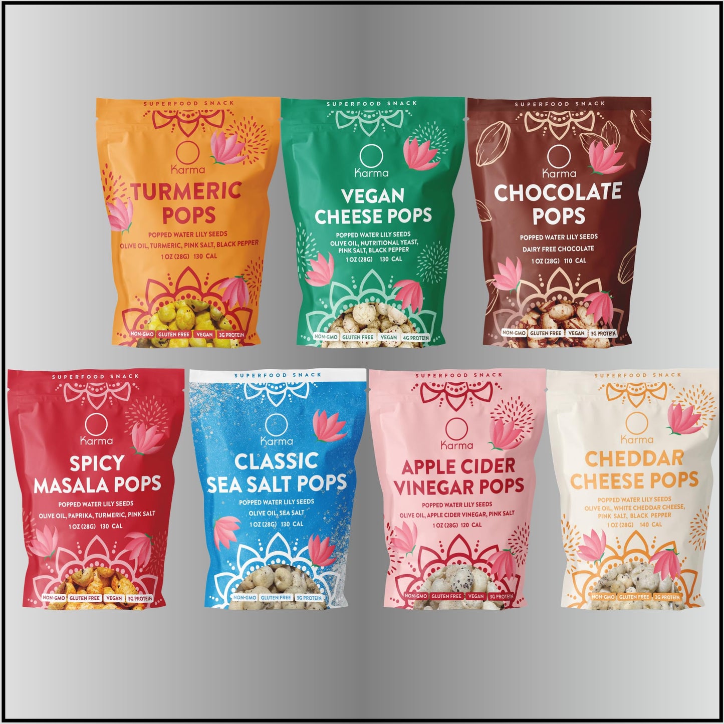Karma Variety Popped Water Lily Seeds (Makhana) - 7 Flavor Variety Pack | Plant Based High Protein Gluten-free Nutritious Crunch