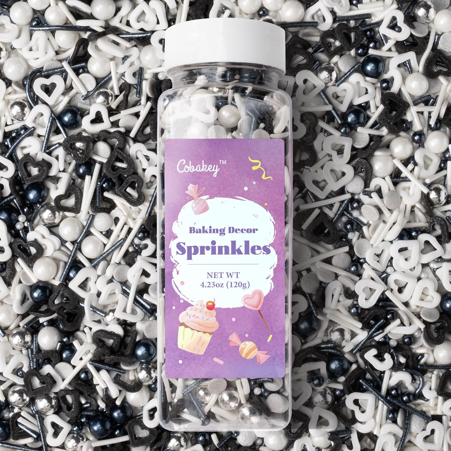 Black And White Heart Sprinkles For Cake Decorating 4.23Ounce - Sugar Mix Contains Heart & Silver Pearl Sprinkles For Cupcake To