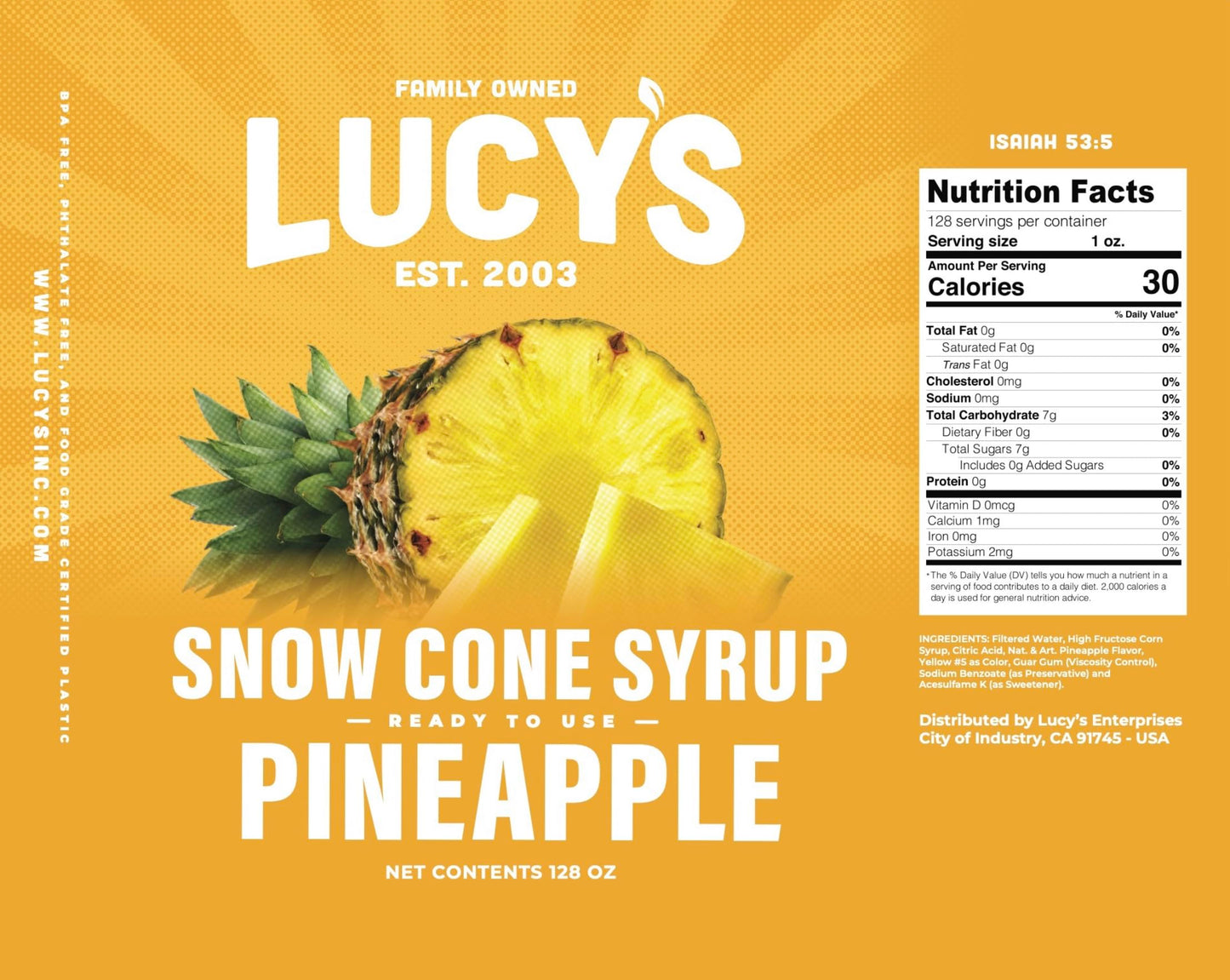 Lucys Shaved Ice Snow Cone Syrup, Pineapple, 128 Fl Oz (1 Gallon)