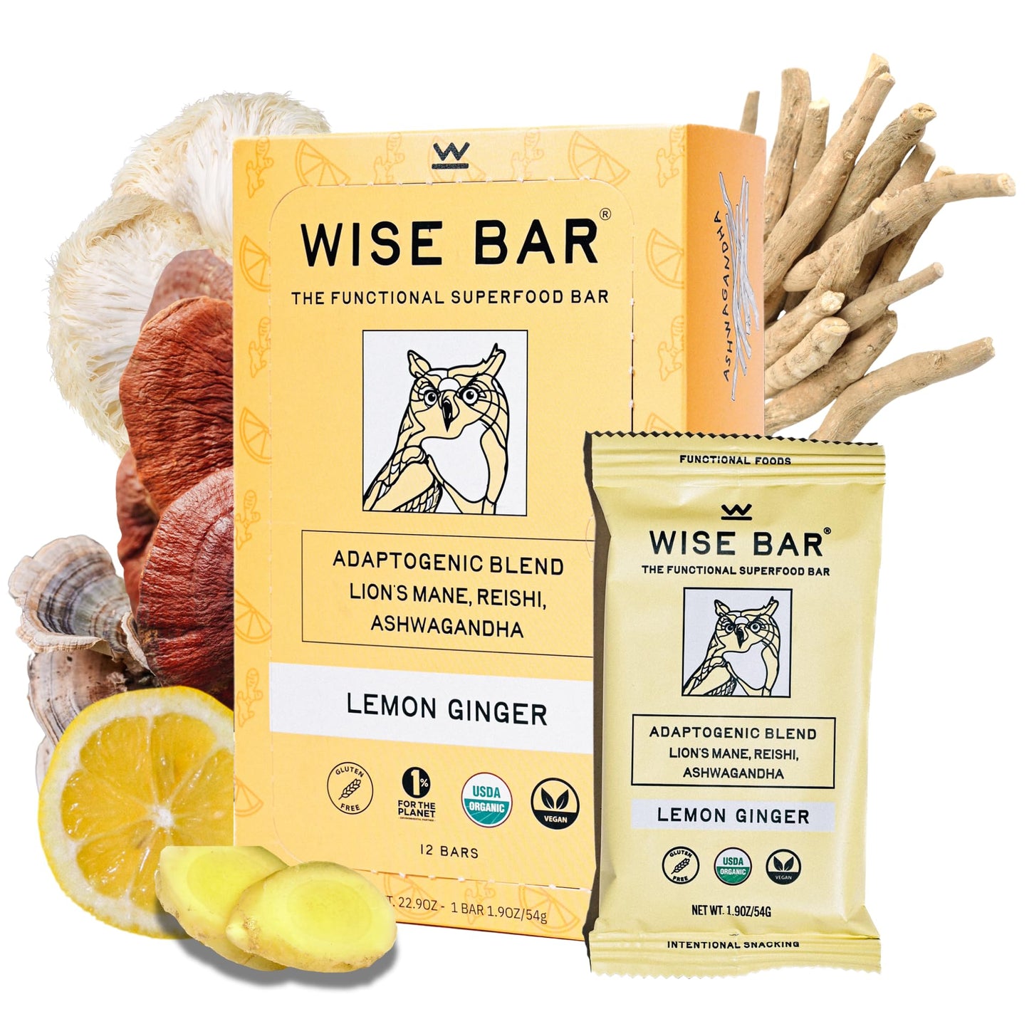Wise Bar Adaptogen Mushroom Nutrition Bars With Reishi, Lions Mane & Ashwagandha, Organic Vegan & Gluten Free Snacks For Natural Focus, Energy & Immunity Support, Lemon Ginger Flavor, 12 Count