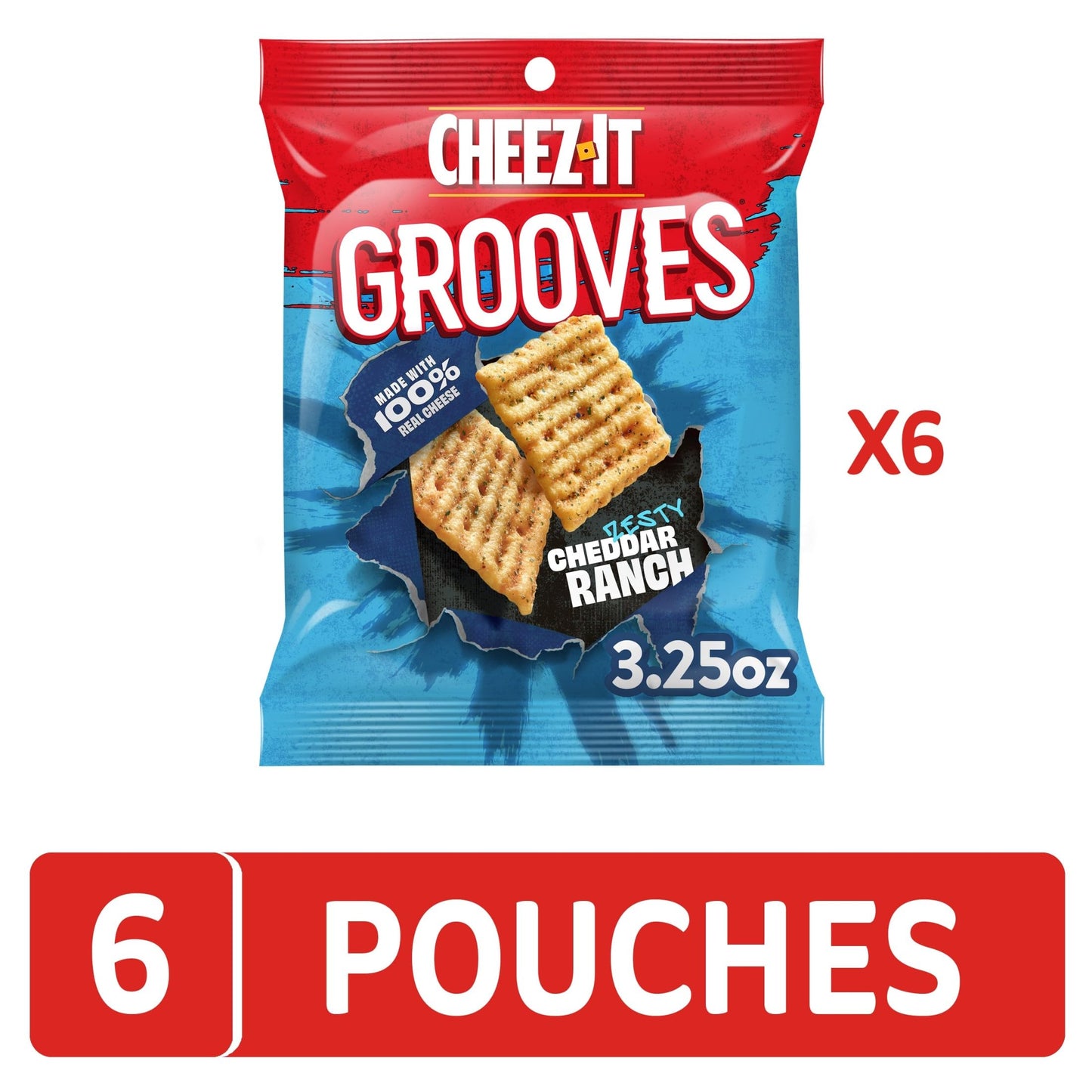 Cheez-It Grooves Crunchy Cheese Crackers, Snack Crackers, Lunch Snacks, Zesty Cheddar Ranch (6 Pouches)
