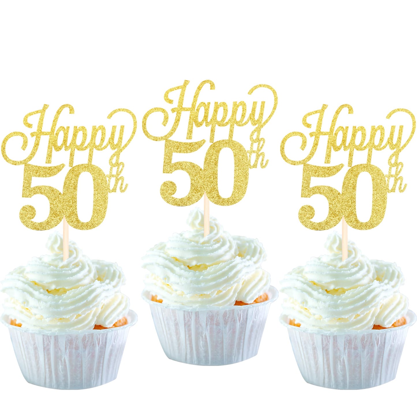 YCTHUNFISH 24 Pack Cupcake Toppers Glitter Number 50 Gold 50th Birthday Wedding Anniversary Party Supplies Small