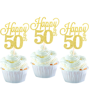 YCTHUNFISH 24 Pack Cupcake Toppers Glitter Number 50 Gold 50th Birthday Wedding Anniversary Party Supplies Small