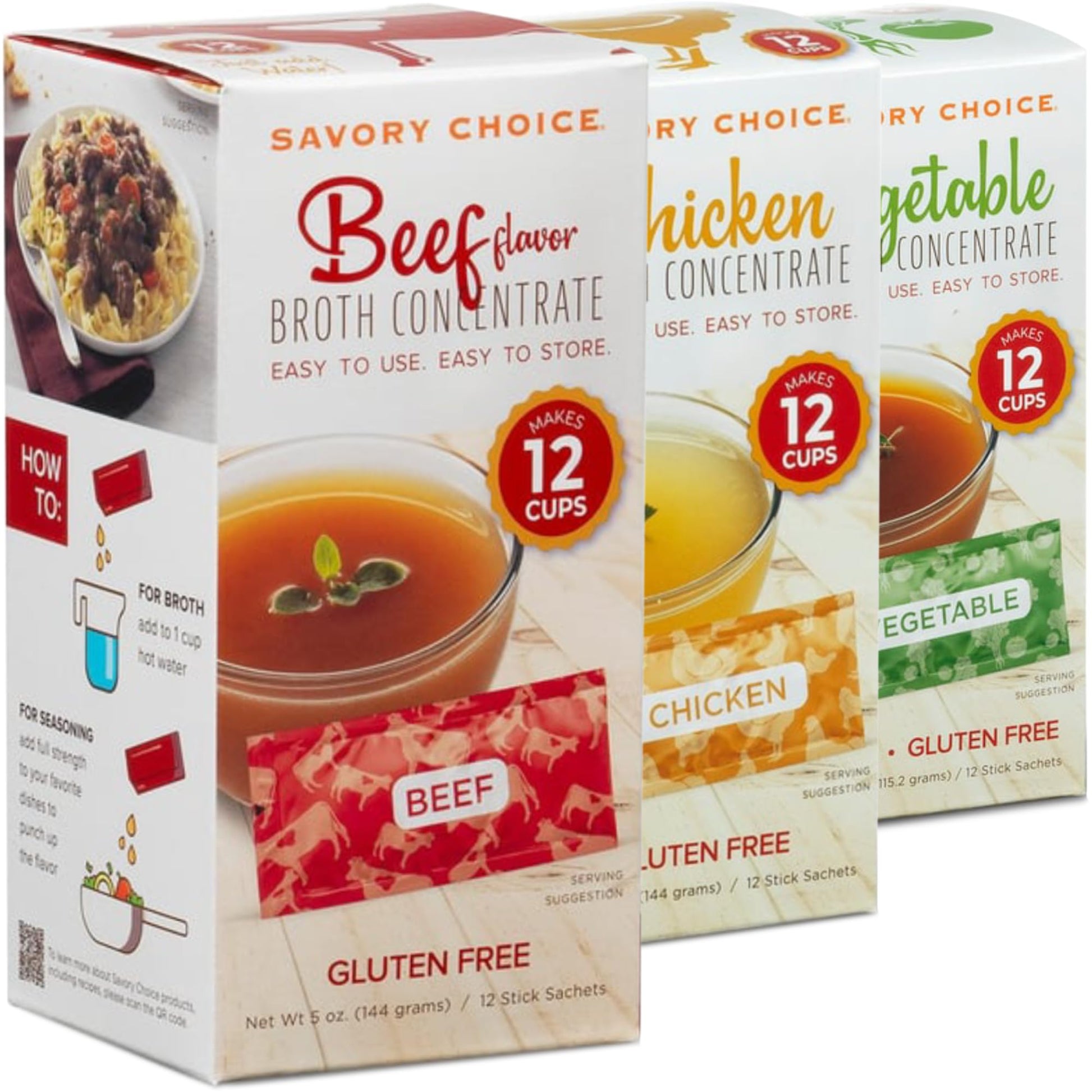 SAVORY CHOICE Beef, Chicken and Vegetable Broth Concentrate, 3 Boxes of 12 Packets/Flavour (12g, 12g, 9.6g) - Gluten-Free, Diary