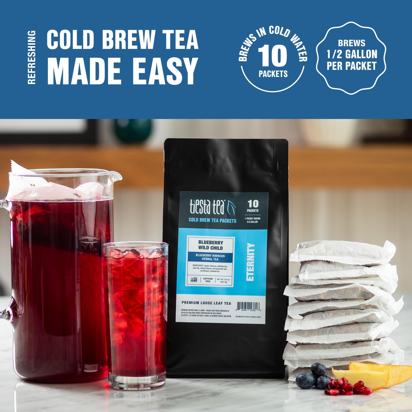 Tiesta Tea Blueberry Wild Child Cold Brew Herbal Tea, Non-Caffeinated, 2qt Pitcher Packs, 10 Pack