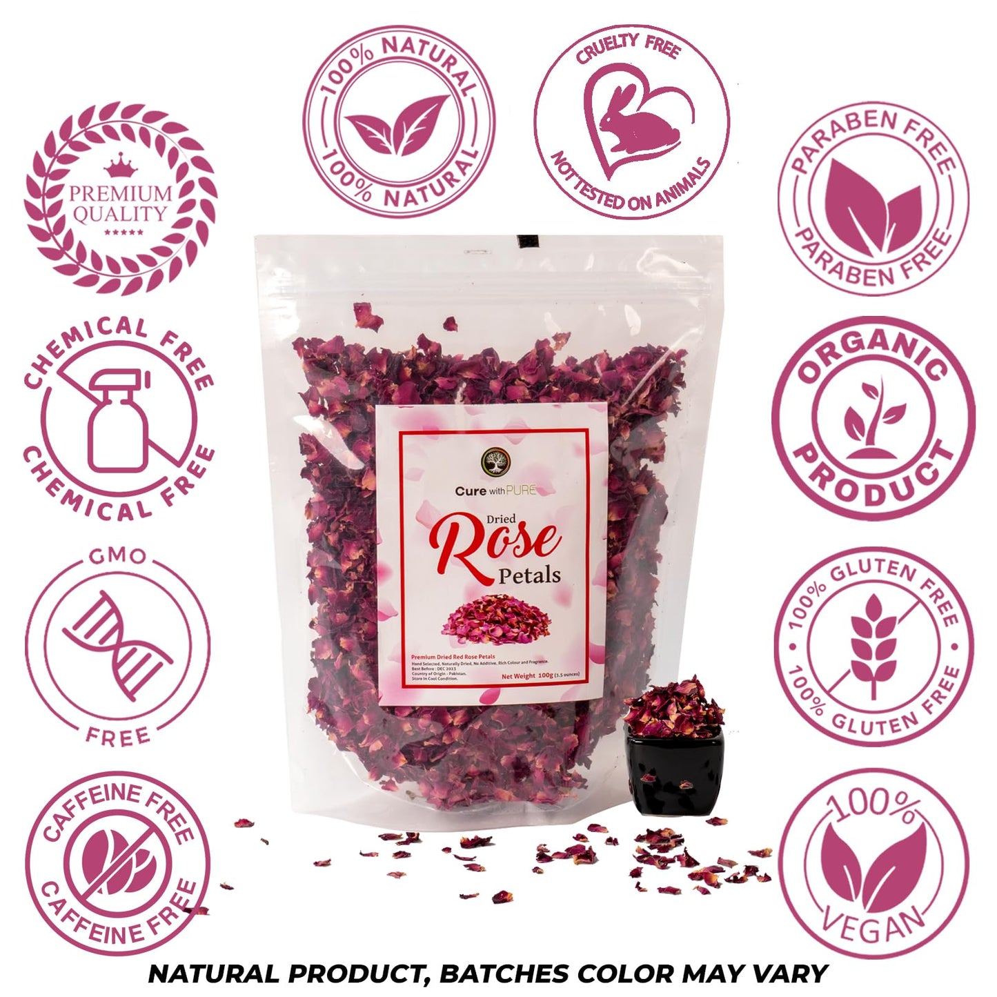 Cure Wid Pure Organic Dried Rose Petals, Food-Grade Edible, 4 oz, Non-GMO, Gluten-Free, Muted Red & Brown, Resealable Bag
