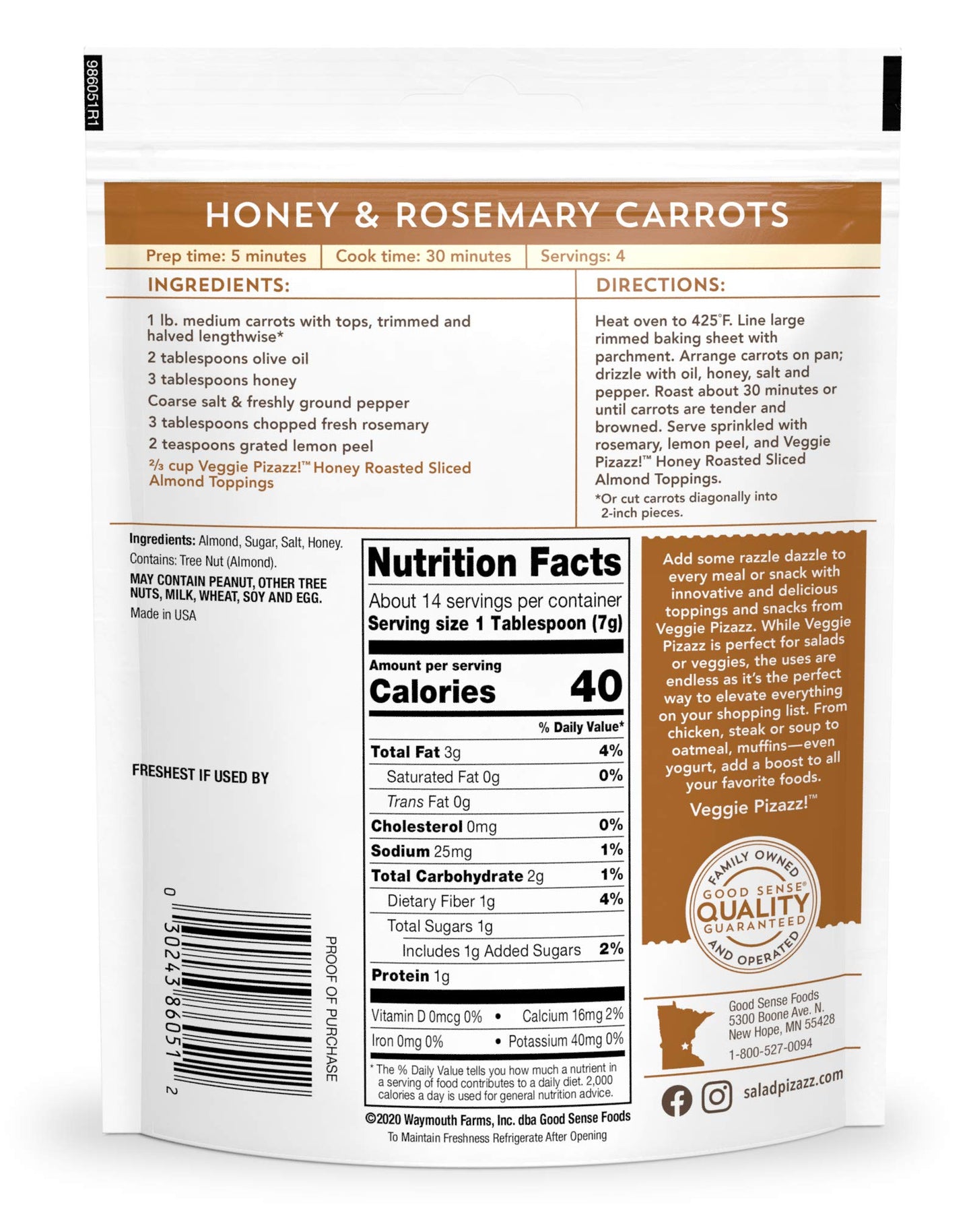 Salad Pizazz Almond Toppings Snack Mix And Salad Topping Resealable Bag, Honey Roasted, 3.5 Ounce