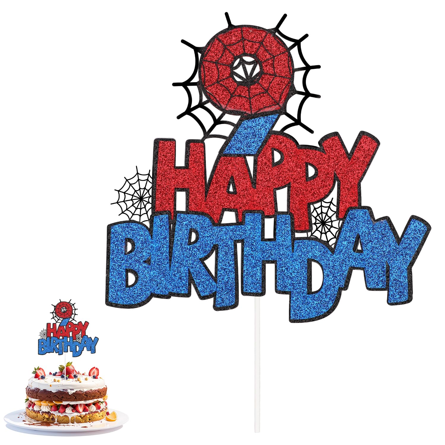 XIHIRCD Spider Birthday Cake Topper, Double-Sided Cupcake Decoration, Model 049, Colors: Black, Blue, Red, Number 9