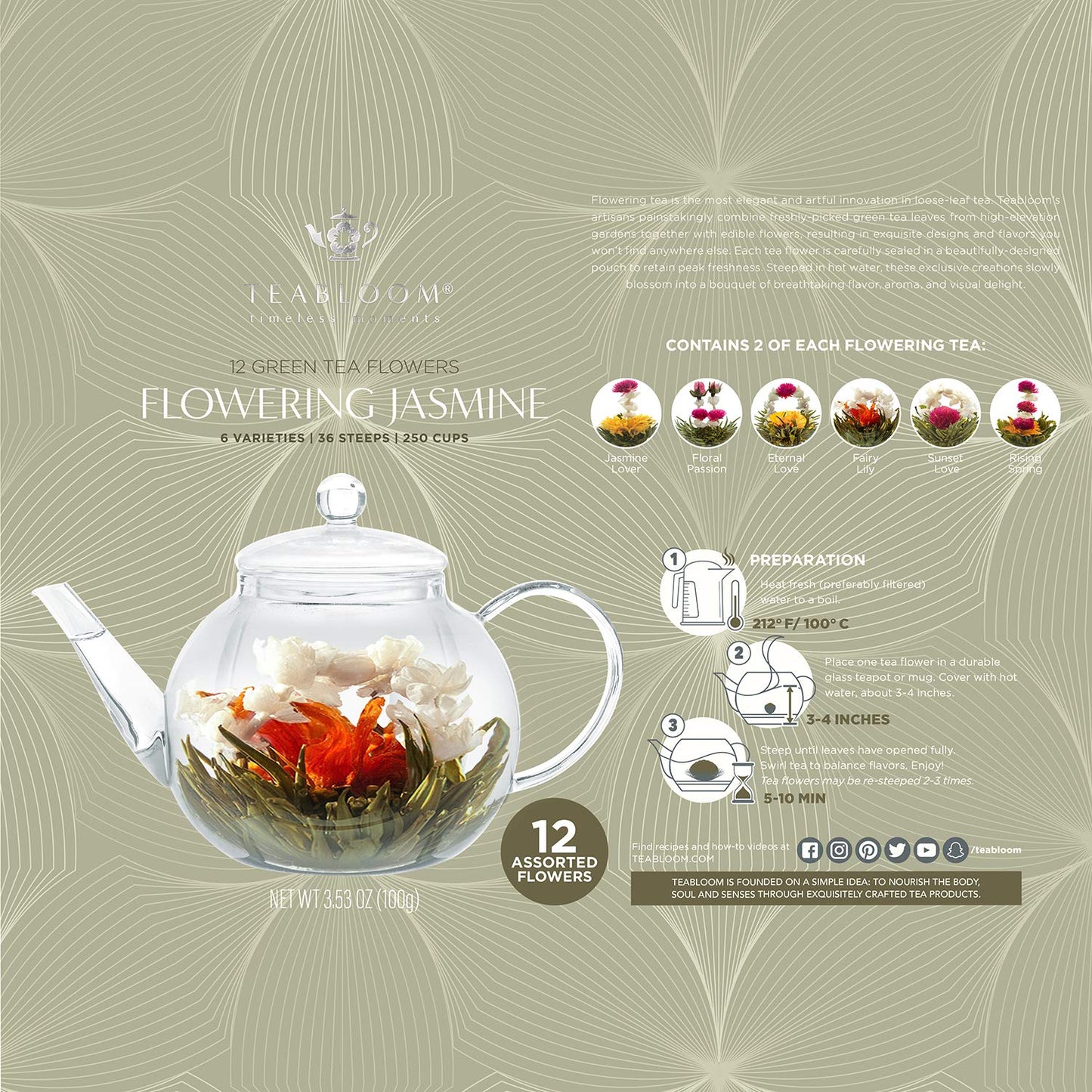 Teabloom Jasmine Flowering Tea - Hand Tied Green Tea Leaves + Jasmine Blossoms Flowering Tea Creations - Blooming Tea Gift Set -