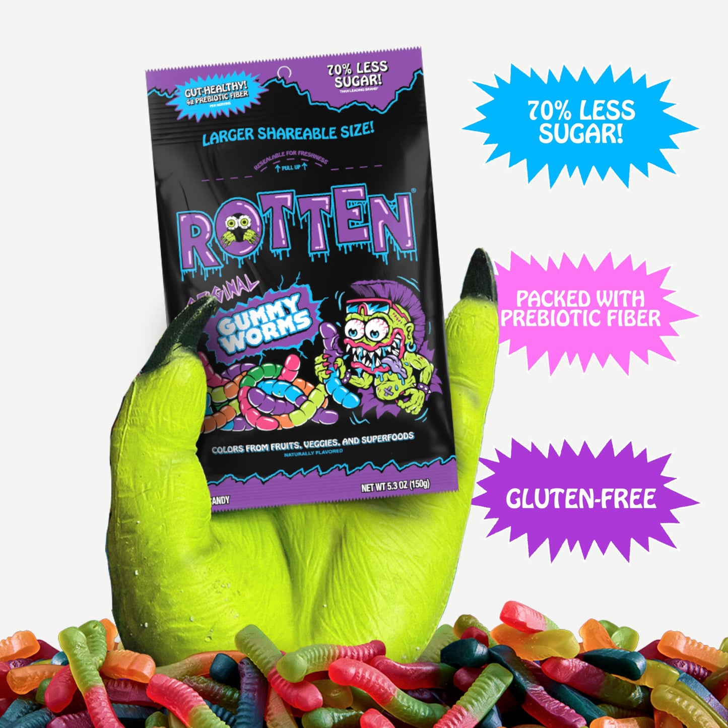 Rotten Gummy Worms - Low Sugar, Gluten Free Candy with Prebiotic Fiber & Protein - 2 Pack (Two 5.3oz Bags)