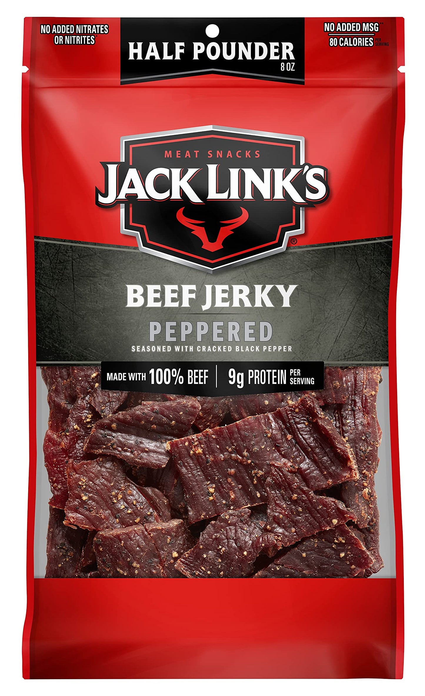 Jack Link's Beef Jerky, Peppered, 1/2 Pounder Bag - Flavorful Meat Snack, 9g of Protein and 80 Calories, Made with Premium Beef 
