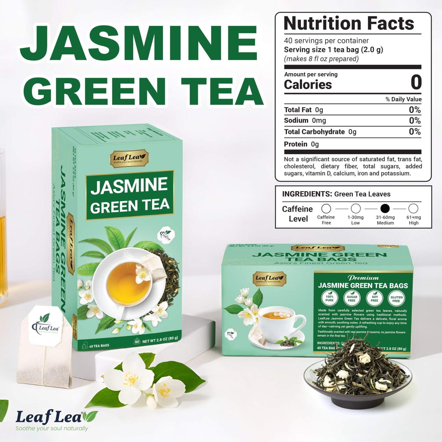 LeafLea 80 Jasmine Green Tea Bags, Green Tea with Natural Jasmine Aroma, Light Focus & Daily Balance, Delicate Floral and Smooth
