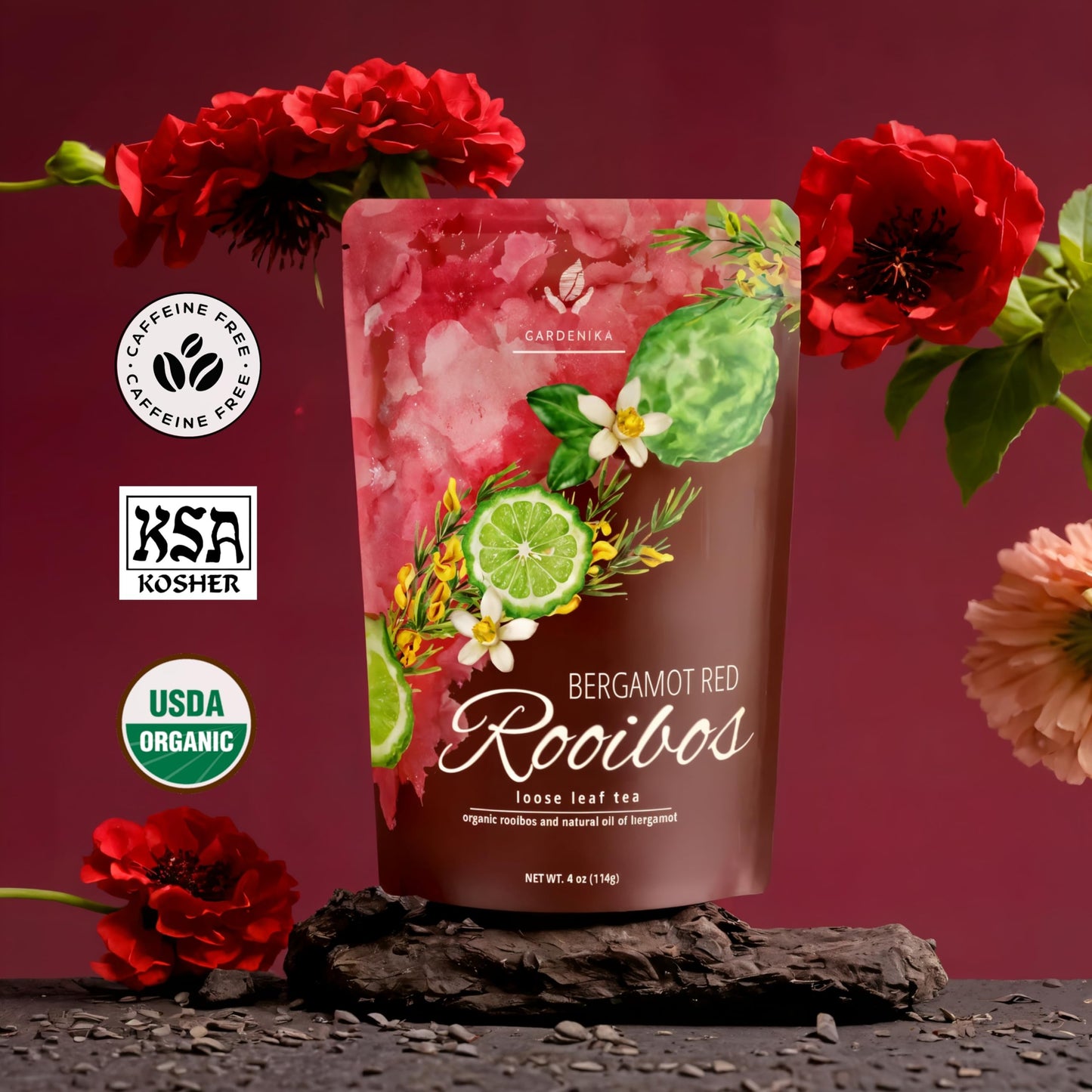 Gardenika Organic Red Rooibos Tea with Bergamot Oil, Herbal, Caffeine-Free, 4 oz, Kosher, No Artificial Flavors