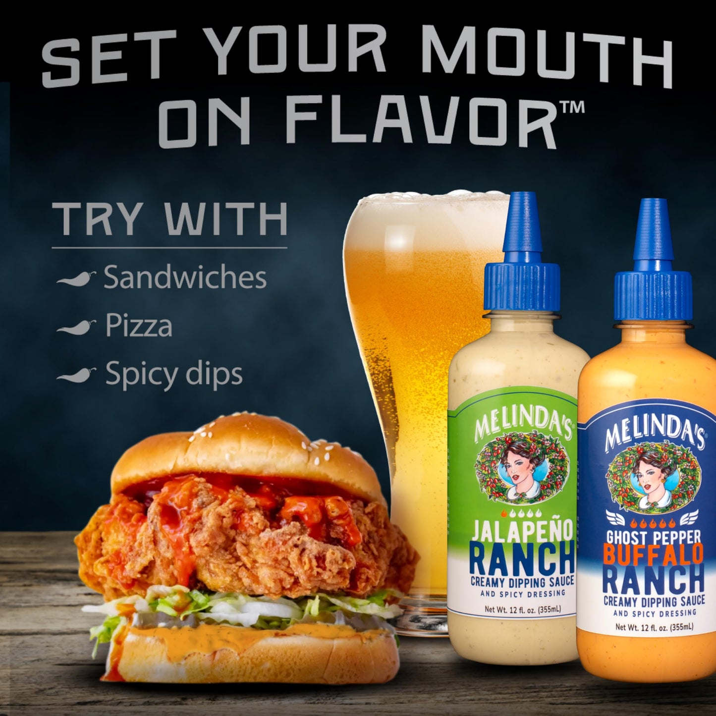 Melindas Spicy Ranch Collection - Variety Gourmet Sauce Gift Set with Creamy Sriracha, Ghost Pepper Buffalo & Jalapeno Ranch Dip
