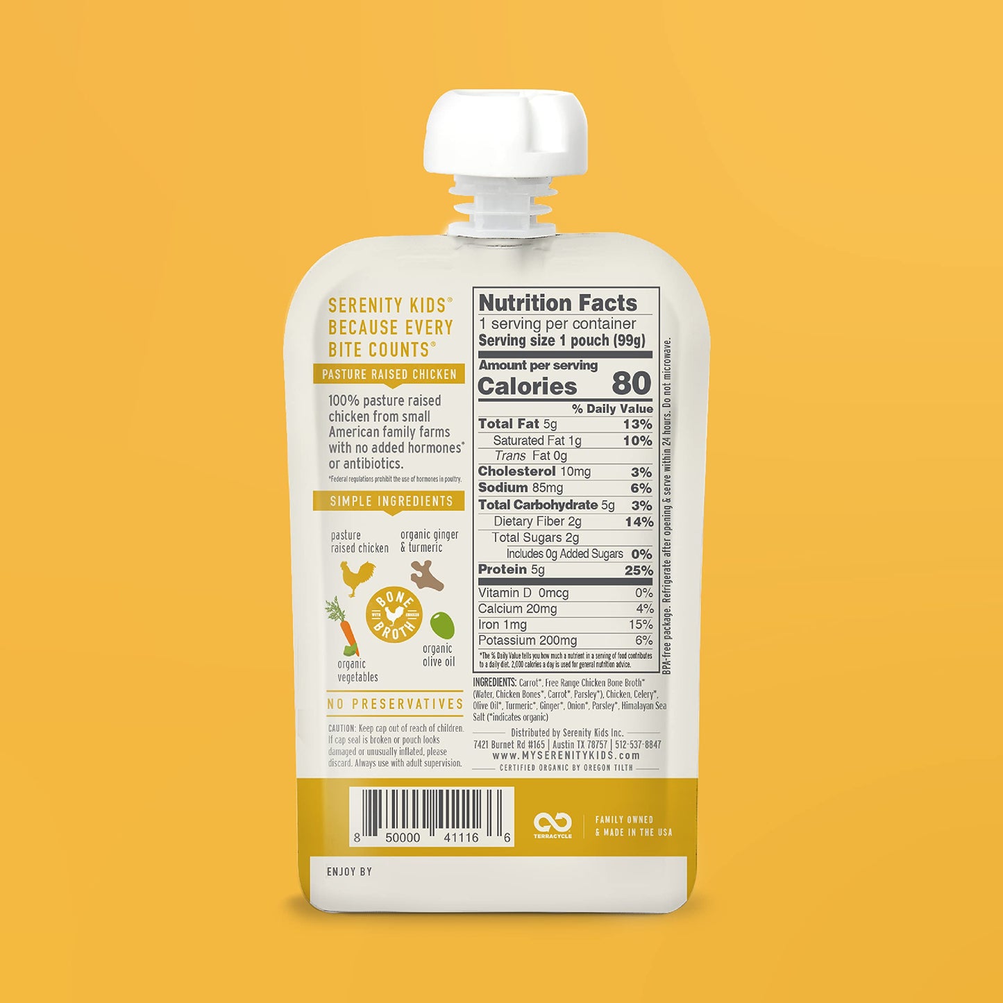 Serenity Kids 7+ Months Chicken Puree Pouch With Bone Broth - Pasture-Raised Turmeric & Veggie Blend - Clean Label Project Purity Award Certified - 3.5 Oz, 12 Pack