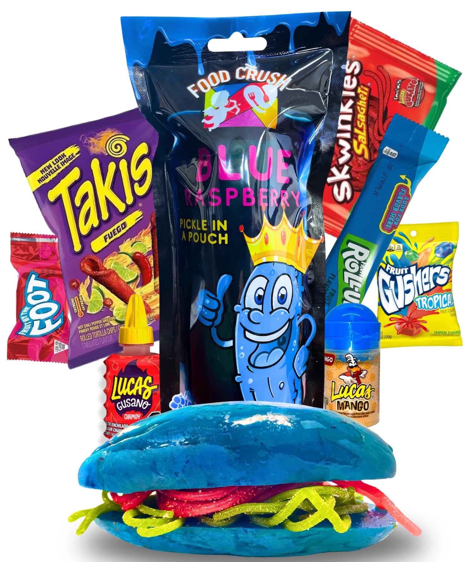 Food Crush Blue Raspberry Pickle Kit with Takis, Fruit Roll-Up, Gushers, and Chamoy Sauce, 1.9 lb