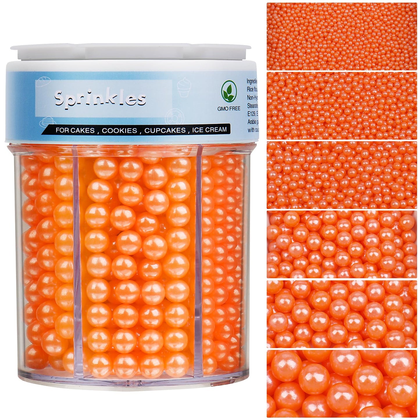 Sprinkles for Cake Decorating, 11Oz 6 Sizes Orange Pearl Sprinkles for Cake Cupcake Ice Cream Donuts Cookie Baking Toppings