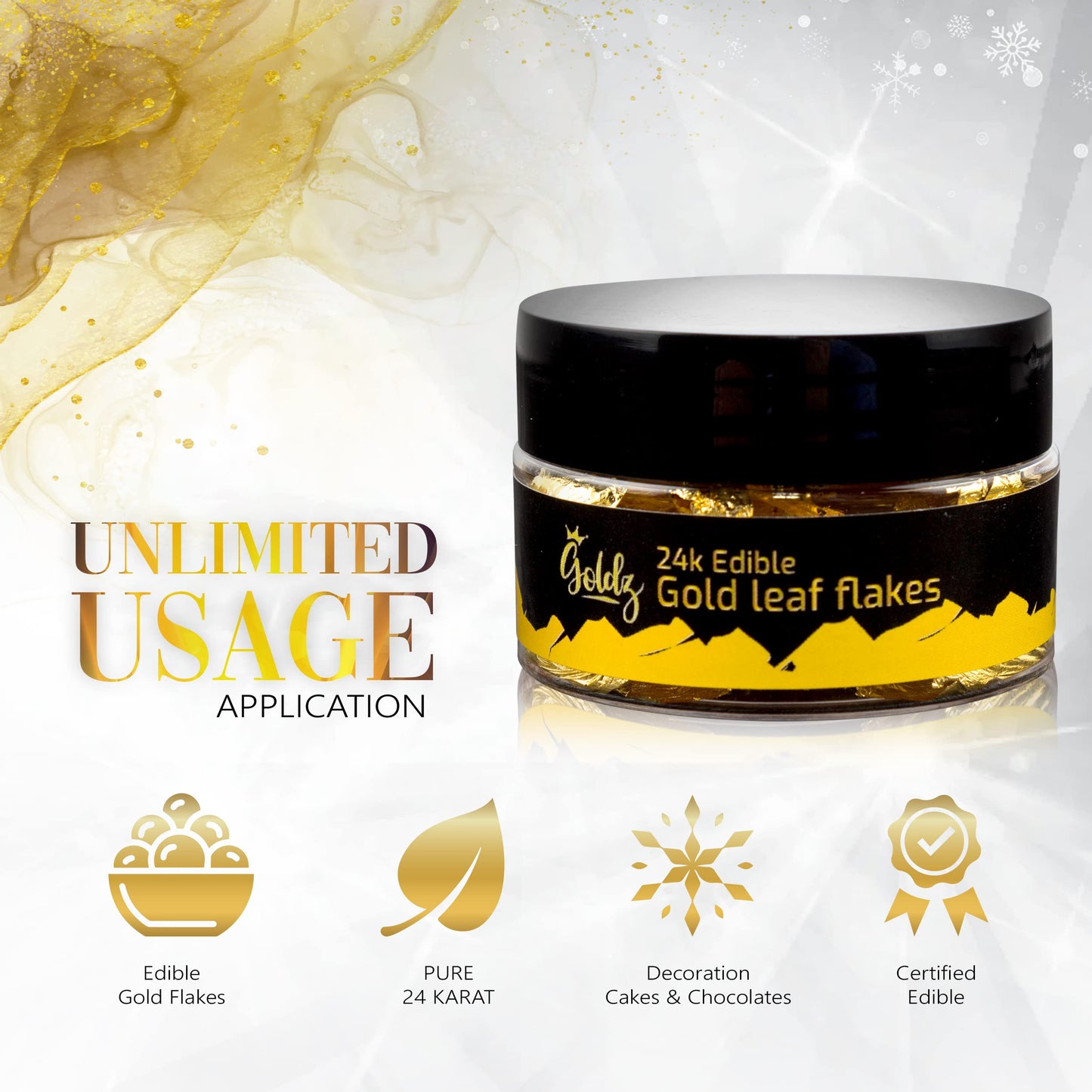 Goldz 24K Edible Real Gold Leaf Flakes 50Mg, Edible Gold Leaf Flakes For (Cooking, Cupcake, Chocolate, Steak, Chocolates, Decora