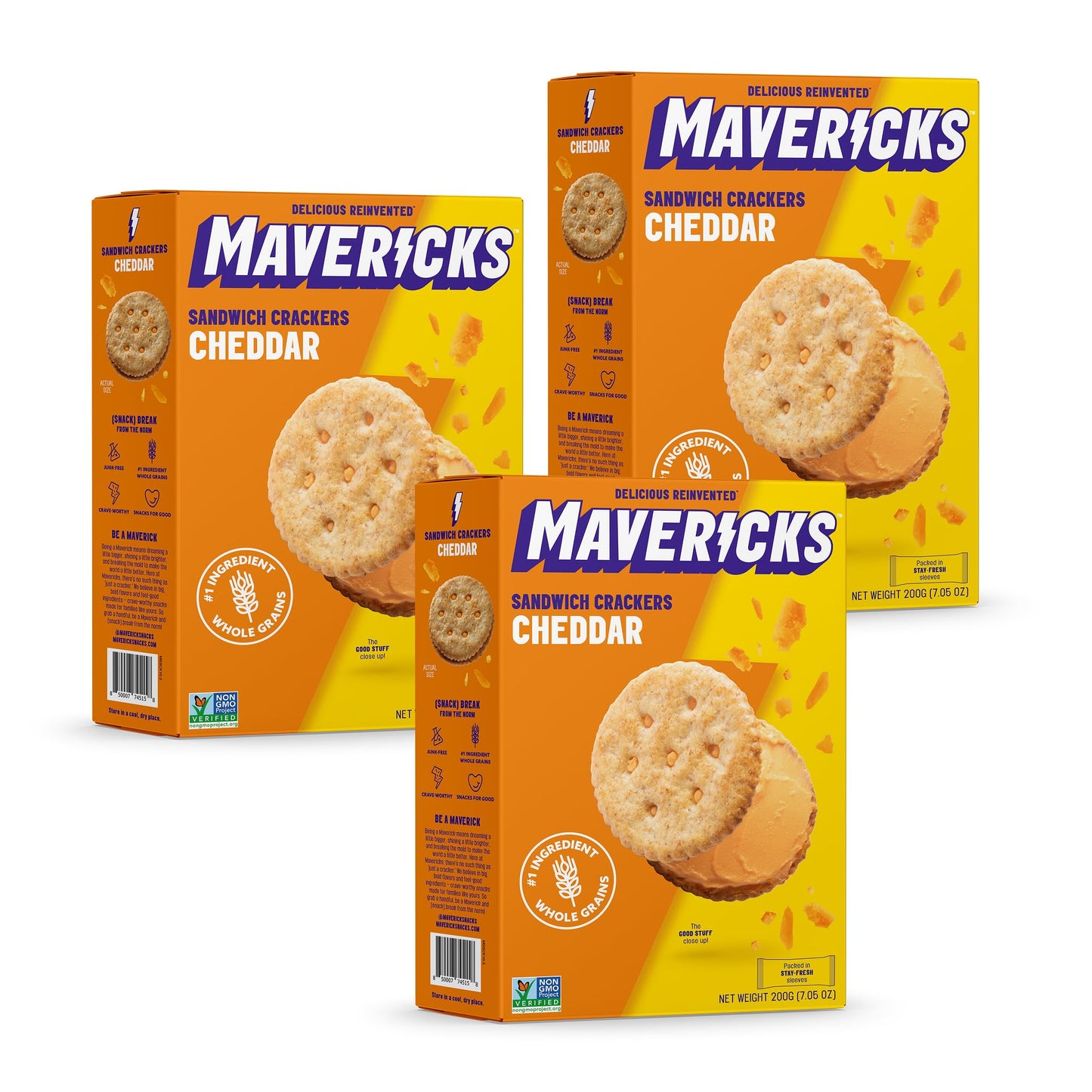 Mavericks Sandwich Crackers Cheddar - Cheese Filled Whole Grain Sandwich Cracker Snack Packs, Non-GMO - 7 oz Box (3 Pack)
