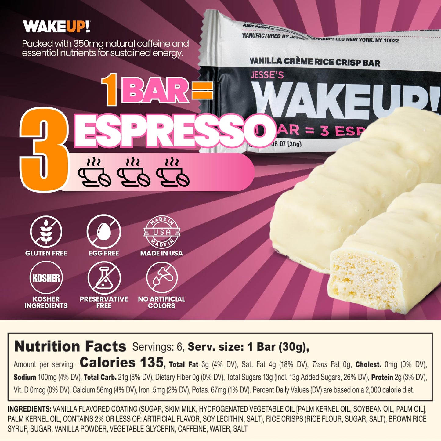 Wake Up! Vanilla Creme Caffeinated Protein Bars (1 Bar = 3 Espressos) – 350Mg Clean Caffeine For Energy, Focus & Happy Mornings – Gluten-Free, Kosher Ingredients, Vegetarian – Proprietary Blend For Smooth, Jitter-Free Energy – 6 Pack