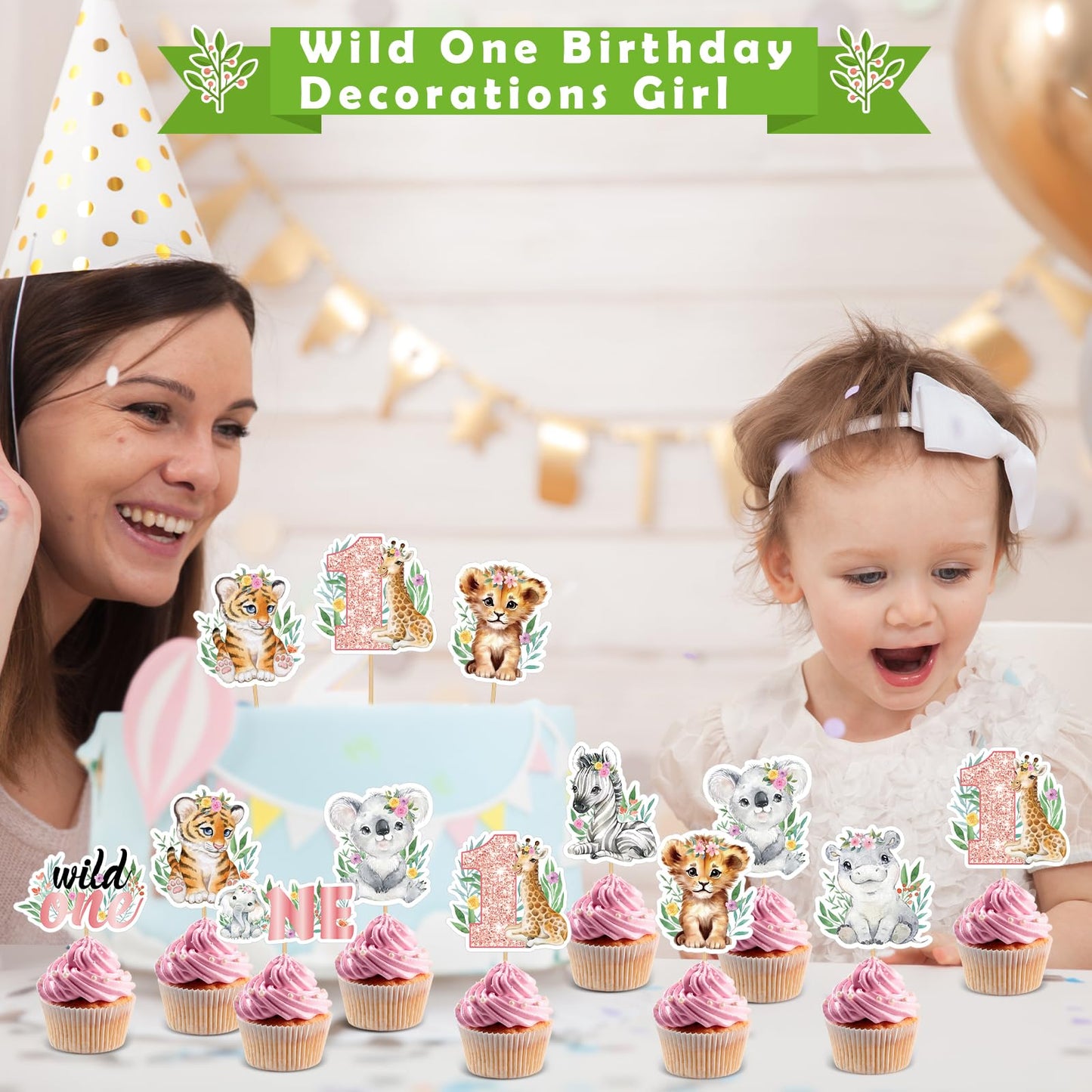 Weecent 48 Pcs Wild One Cupcake Toppers One Cake Topper 1St Birthday Girl Wild One Birthday Decorations Girl Jungle Safari Theme