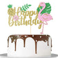 Trelsan Golden Glitter Happy Birthday Cake Topper, Flamingo Palm Leaf Pineapple Cake Topper, Hawaii Theme Birthday Party Supplie
