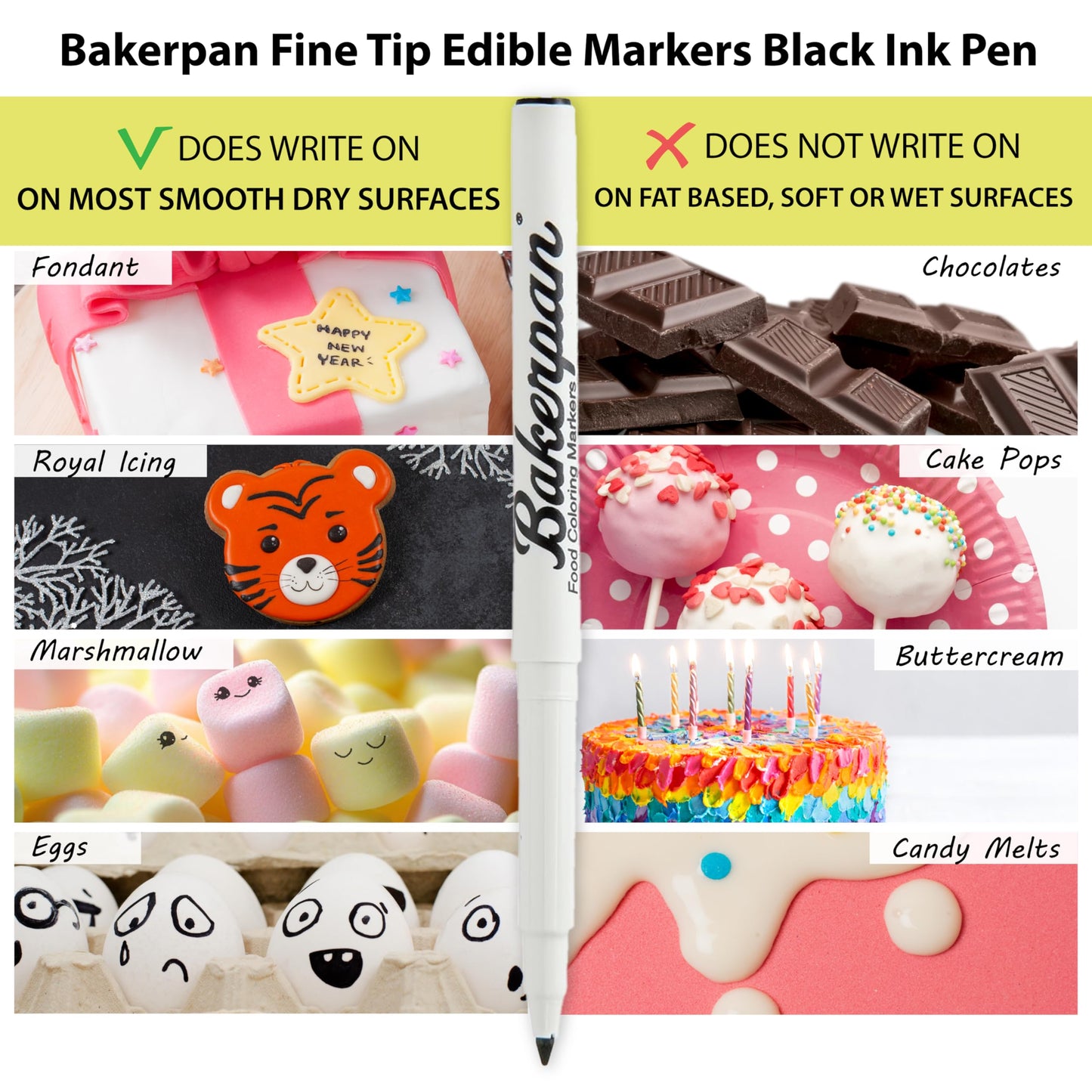 Bakerpan Food Coloring Markers, Fine Tip Edible Markers For Cookie Decorating, Edible Black Ink Pen - Set Of 3 (Made In Usa)