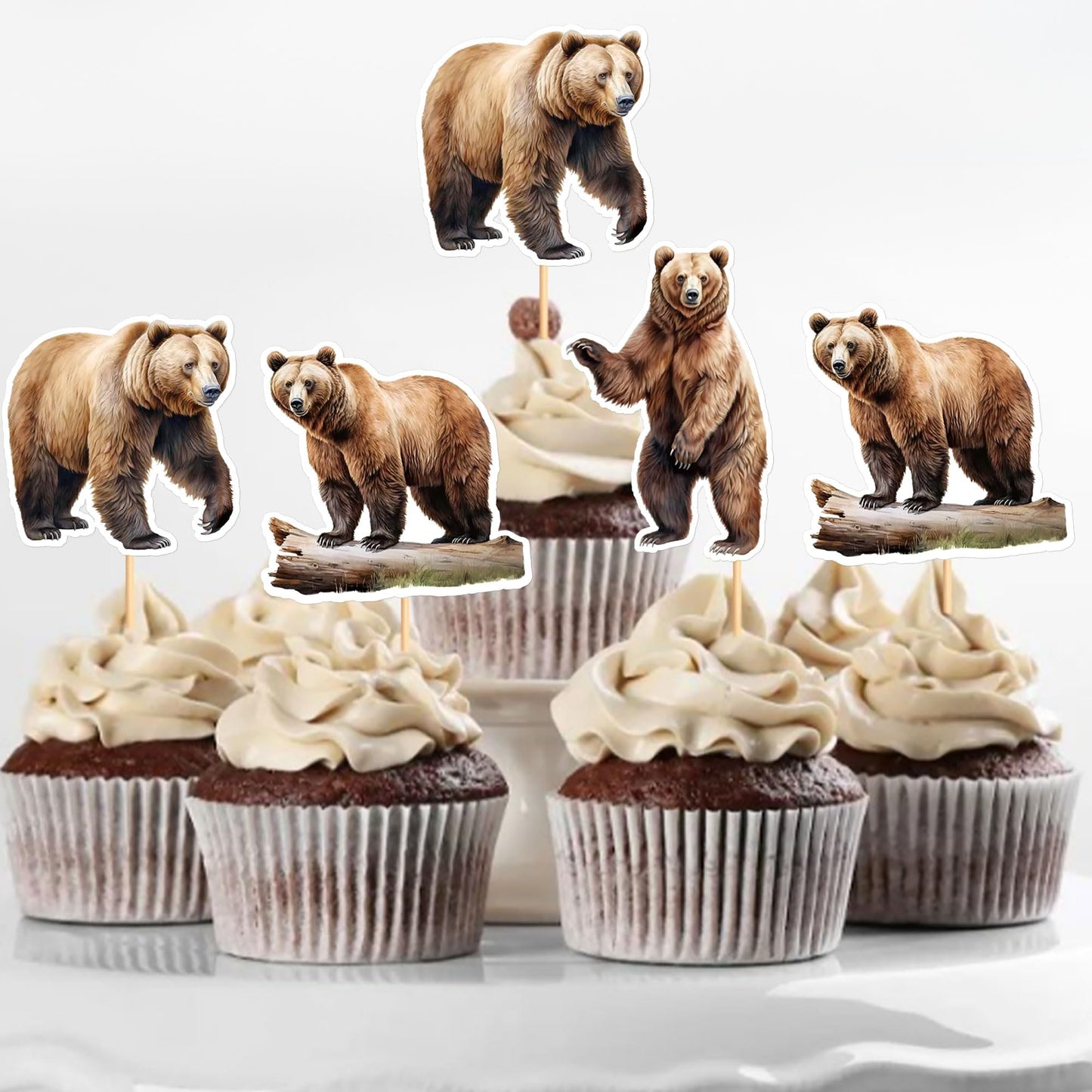 Ercadio 24 Pack Brown Bear Cupcake Toppers Brown Bear Cupcake Picks Animal Cupcake Picks Brown Bear Birthday Cupcake Decorations
