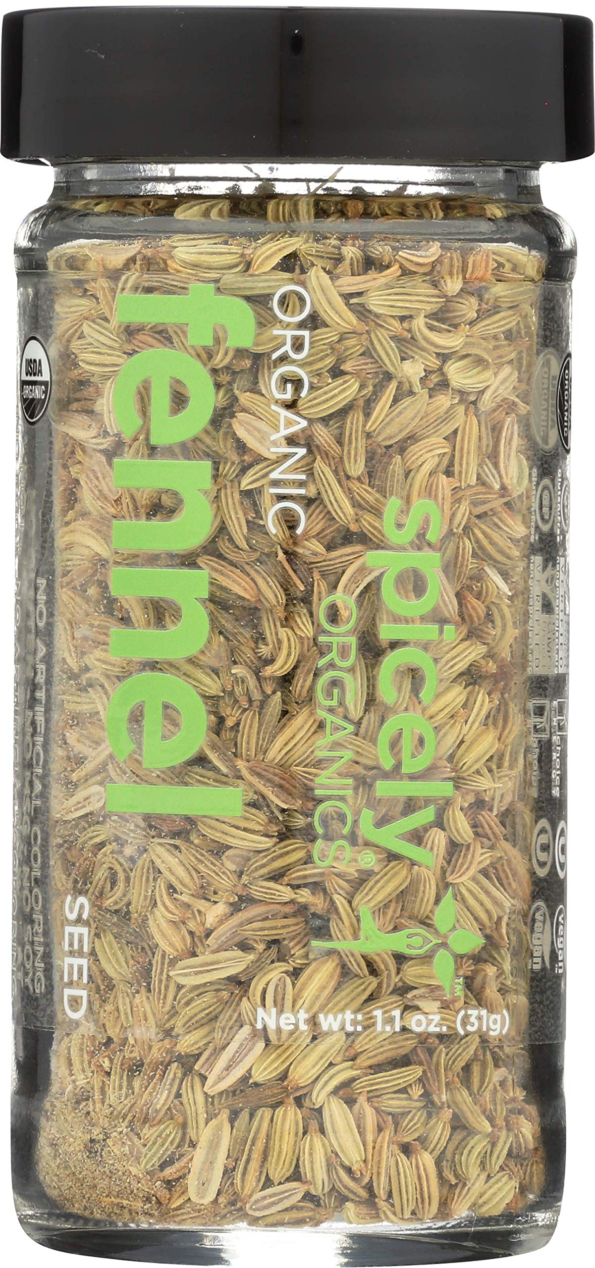 Spicely Organic Fennel Seeds Whole 1.10 Ounce Jar Certified Gluten Free