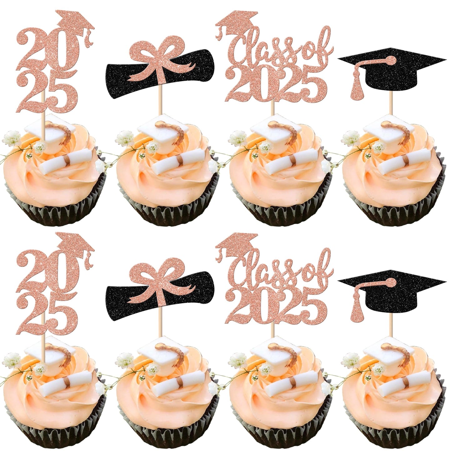 YCTHUNFISH 24 Pack Cupcake Toppers, Rose Gold Graduation 2025 Diploma & Cap Picks, Bamboo Decorations for Parties