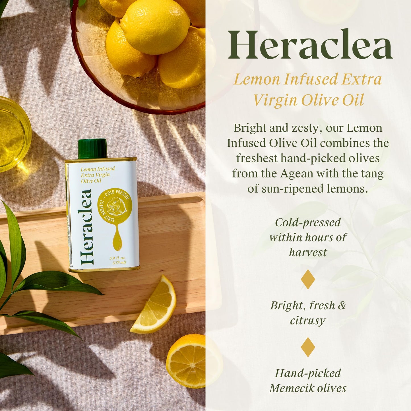Heraclea Lemon Infused Extra Virgin Olive Oil, Organic Olive Oil, Extra Virgin, Cold Pressed, Polyphenol Rich EVOO, 5.9oz Bottle