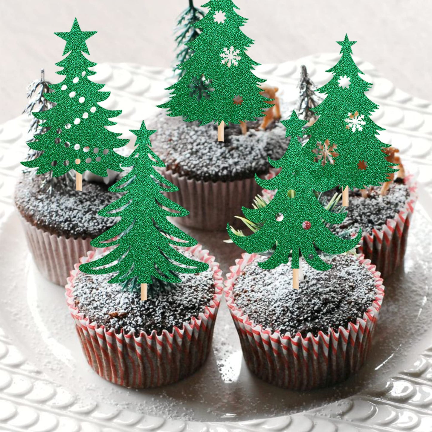 24 Pcs Christmas Tree Cupcake Toppers With Star Green Glitter Christmas Tree Cupcake Picks For Merry Christmas Theme New Year Holiday Baby Shower Kids Birthday Party Cake Decorations Supplies