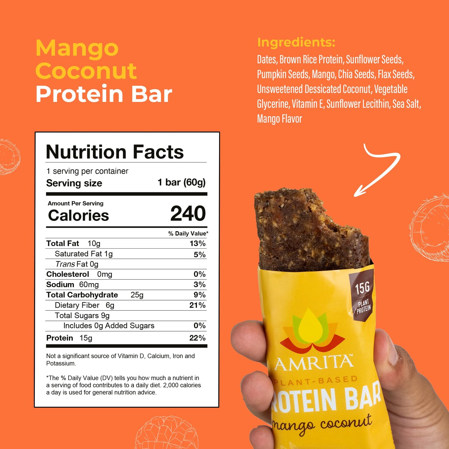 Amrita Mango Coconut Vegan Protein Bars, 15g Plant-Based Protein, Gluten-Free, 12 Count (Pack of 3)