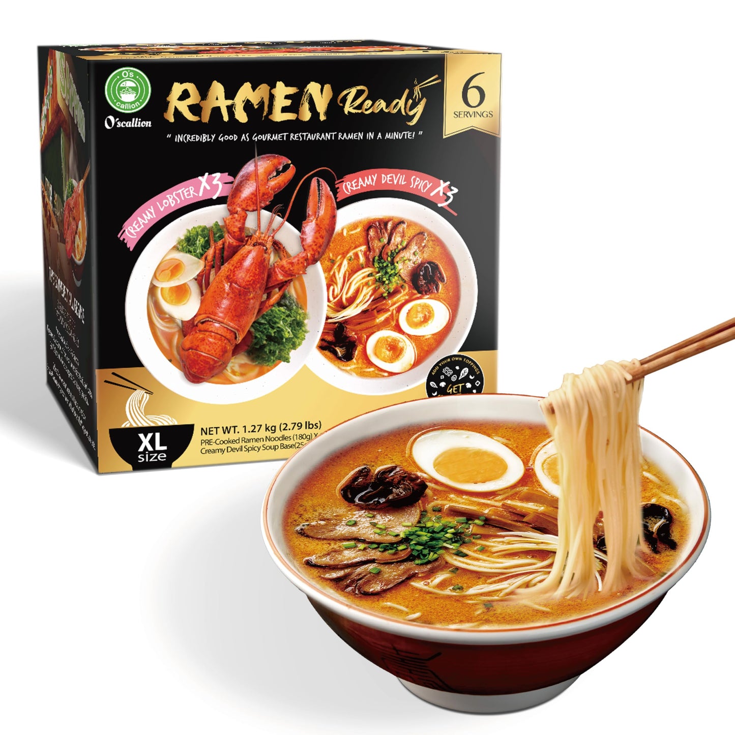 O'scallion Ramen Kit - Pack of 6 Ramen Noodles - Ramen Noodles Instant Soup Mix - 3 Servings Instant Ramen Variety Pack - Instan