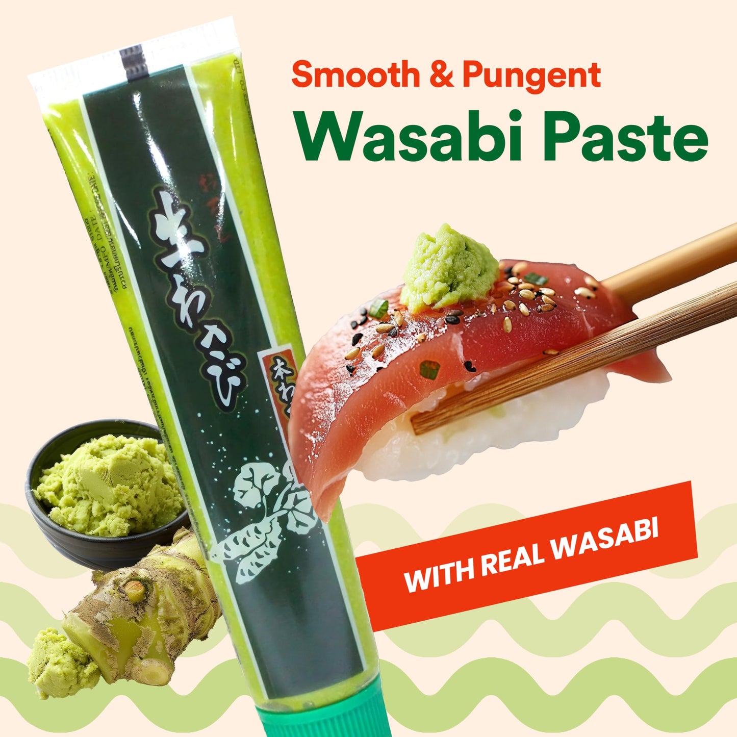 WASABI-O Wasabi Paste - 15% Real Japanese Wasabi, 1.52oz Tube, Green, Vegan, Halal