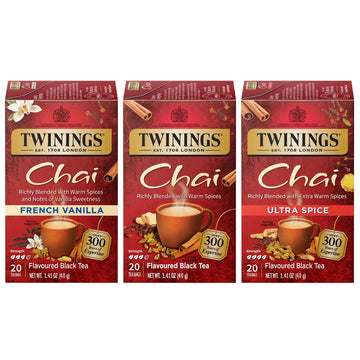 Twinings Chai Tea Variety 3-Pack - Chai, Ultra Spice Chai, And French Vanilla Chai, Caffeinated Black Tea Bags, 20 Count Each